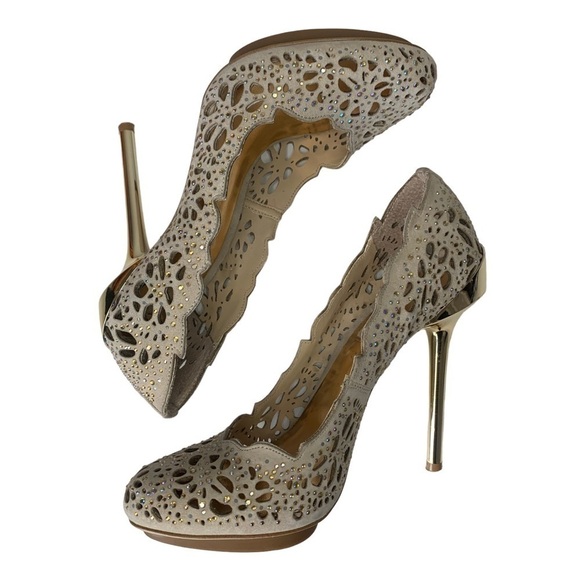 BCBGMAXAZRIA Peacock Powder Iridescent Suede Laser Cut Jeweled Gold Heel Size 7 - Picture 6 of 13